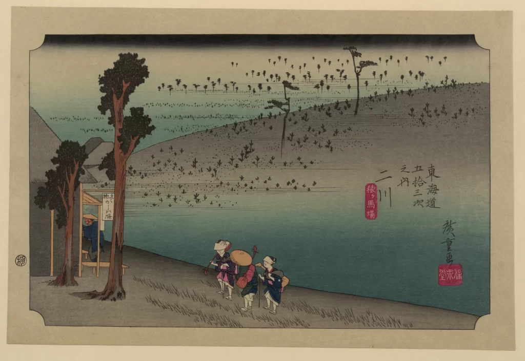 Traditional Japanese Landscape Serene Blue And Green Hues Woodblock Print Travelers Nature