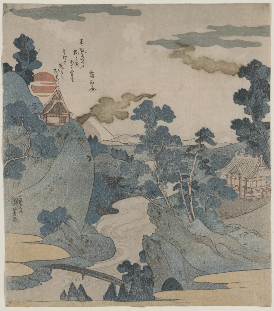 Traditional Japanese Landscape Serene Blue Tones Nature Architecture Artistic Style