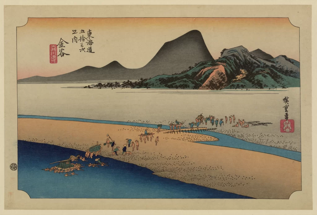 Traditional Japanese Landscape Serene Natural Colors Mountain River People