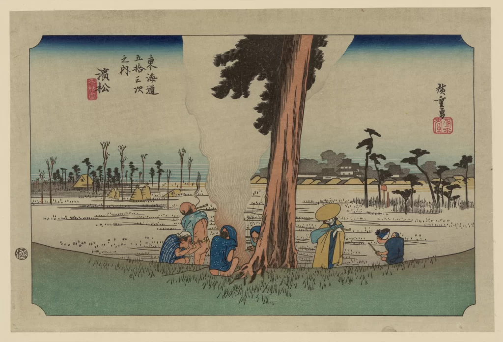Traditional Japanese Landscape Serene Natural Colors Woodblock Print Rural Scene Cultural Depiction