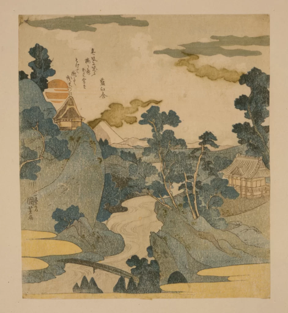 Traditional Japanese Landscape Serene Nature Architecture Blue Tones Cultural Art