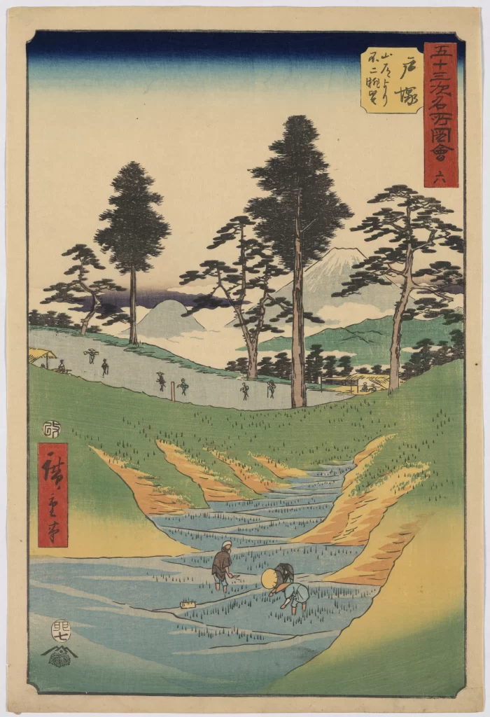 Traditional Japanese Landscape Serene Nature Blue And Green Hues Woodblock Print Cultural Heritage