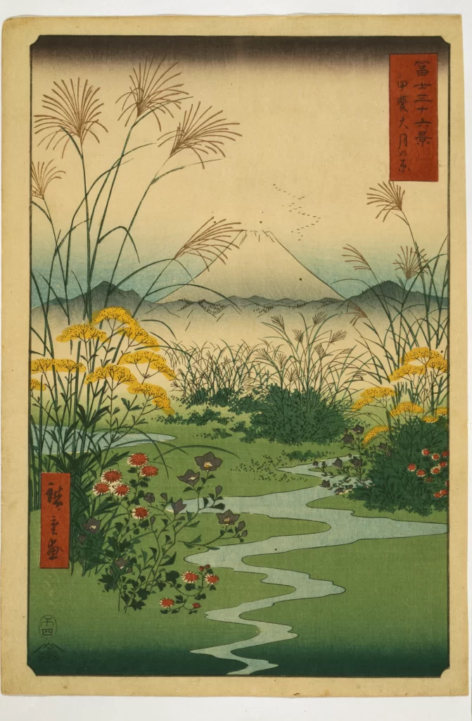 Traditional Japanese Landscape Serene Nature Mount Fuji Colorful Flowers Tranquil River