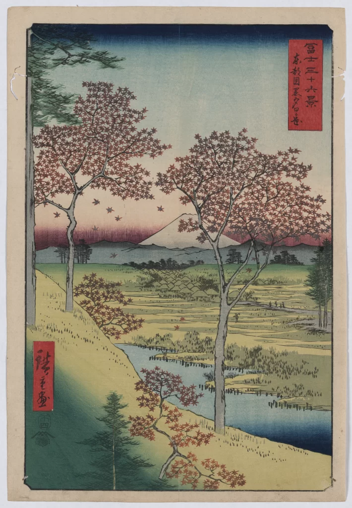 Traditional Japanese Landscape Serene Nature Red Leaves Mountain Water