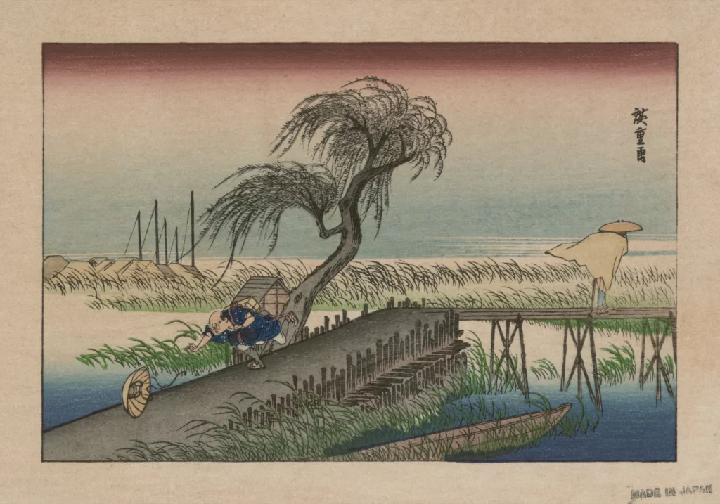 Traditional Japanese Landscape Serene Nature Willow Tree Soft Colors Woodblock Print