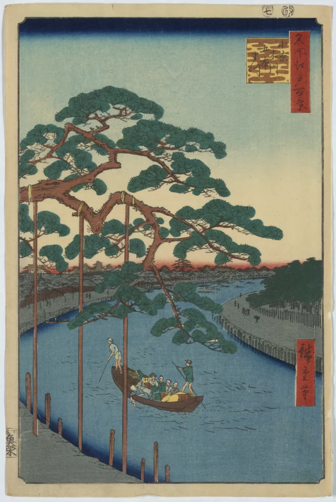 Traditional Japanese Landscape Serene River Boat Green Pine Tree Soft Pastel Colors Woodblock Print Style