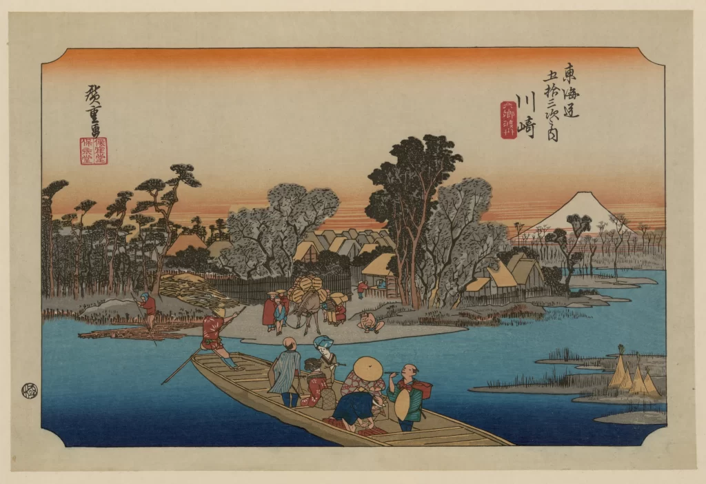 Traditional Japanese Landscape Serene River Colorful Attire Wooden Boat Mount Fuji Ukiyo-e Style