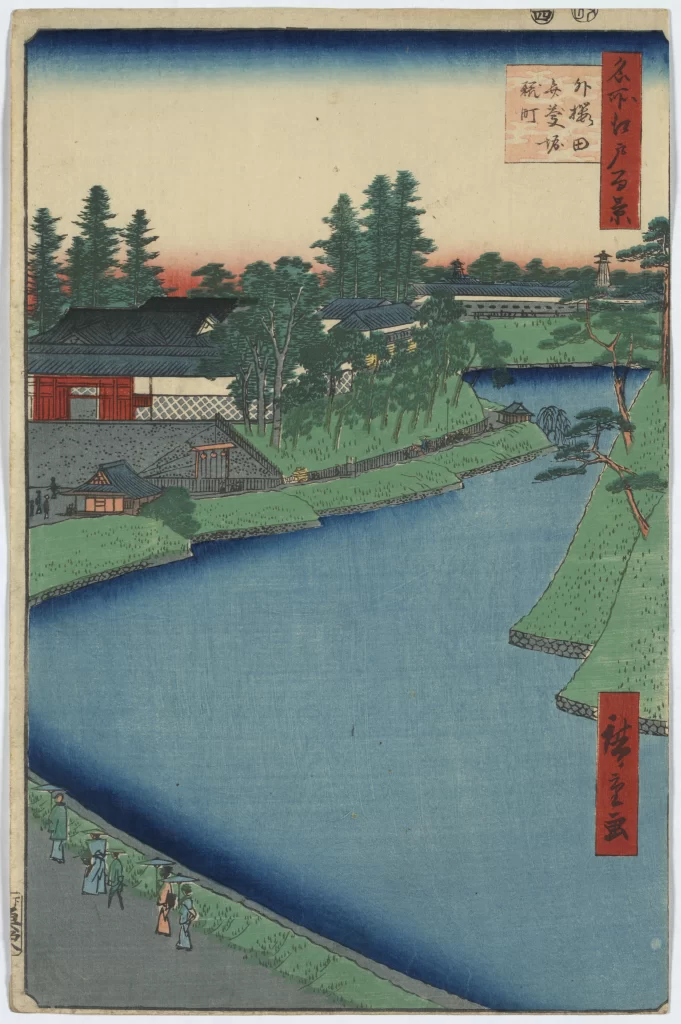 Traditional Japanese Landscape Serene River Greenery Architecture Soft Colors Woodblock Print