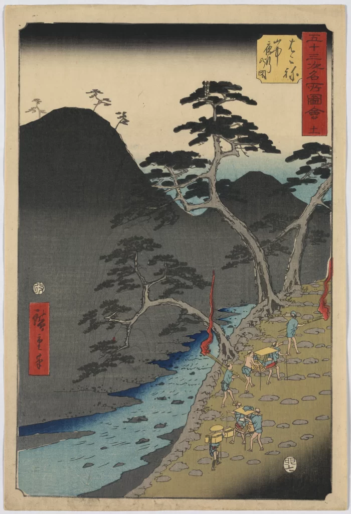 Traditional Japanese Landscape Serene River Mountainous Backdrop Vibrant Colors Cultural Scene