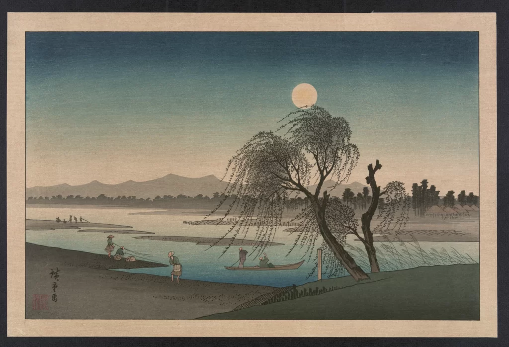 Traditional Japanese Landscape Serene River Scene Moonlit Night Willow Tree Soft Pastel Colors Tranquil Atmosphere