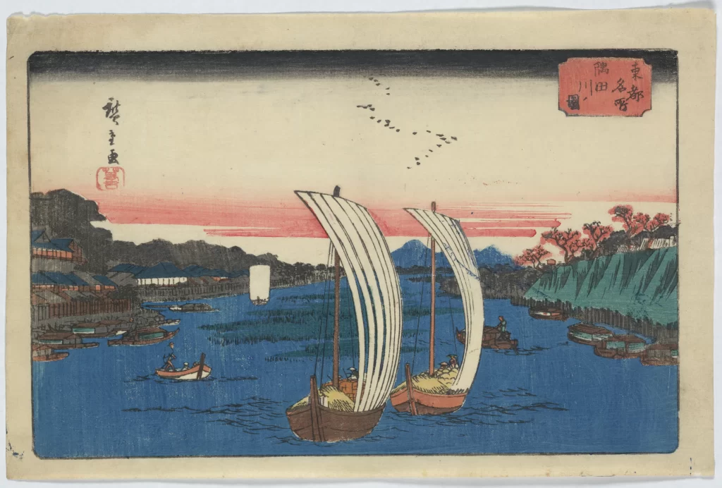 Traditional Japanese Landscape Serene River Scene Sailboats Vibrant Colors Ukiyo-E Woodblock Print