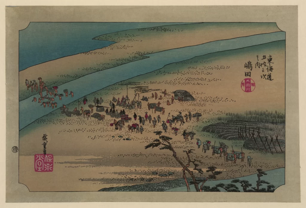 Traditional Japanese Landscape Serene River Vibrant Colors Historical Scene Cultural Artistry