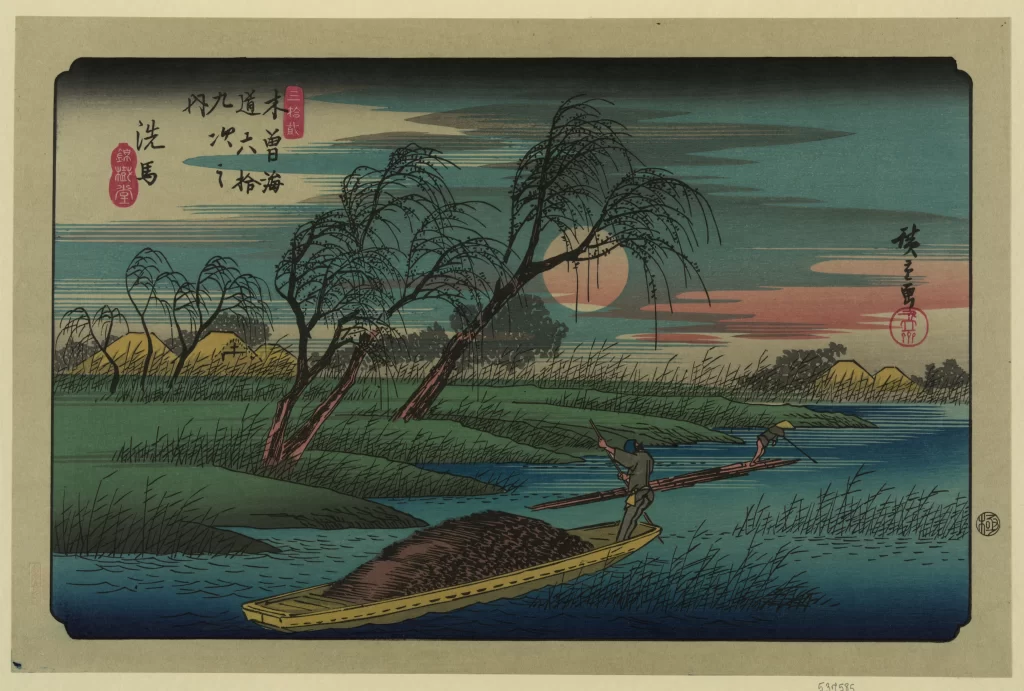 Traditional Japanese Landscape Serene River Willow Trees Soft Pastel Colors Ukiyo-e Style