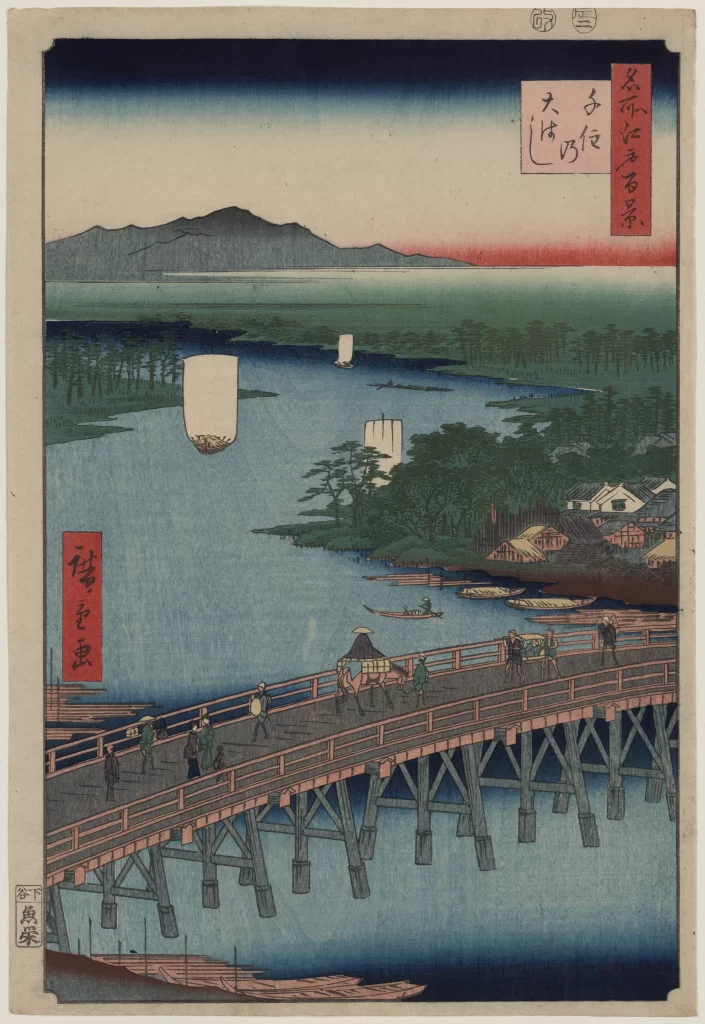 Traditional Japanese Landscape Serene River Wooden Bridge Boats Mountain Soft Pastel Colors