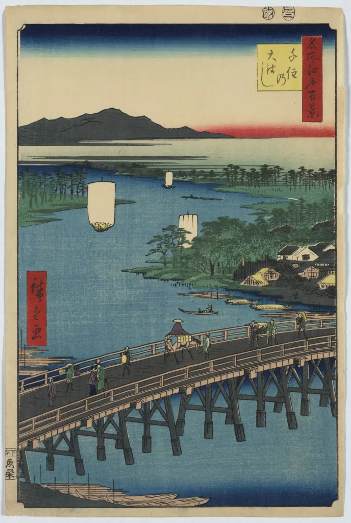 Traditional Japanese Landscape Serene River Wooden Bridge Colorful Sky Edo Period Ukiyo-E Style
