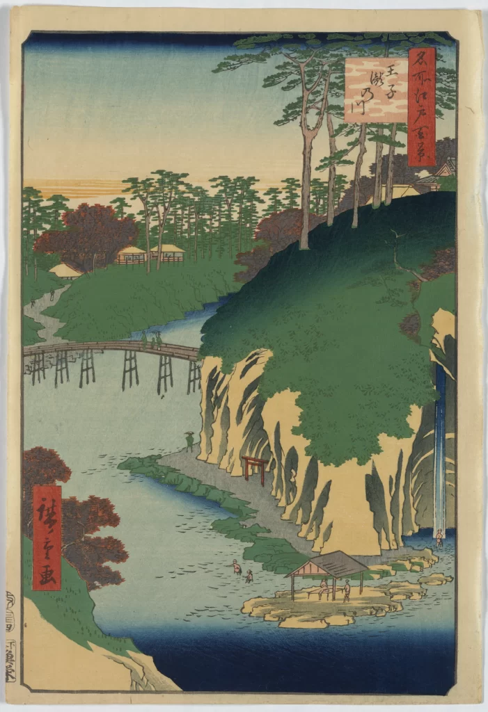 Traditional Japanese Landscape Serene River Wooden Bridge Greenery Red Accents Ukiyo-E Style