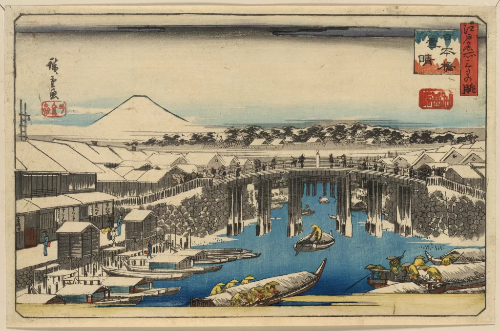 Traditional Japanese Landscape Serene River Wooden Bridge Mount Fuji Boats Edo Period Style