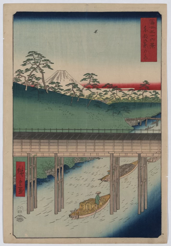Traditional Japanese Landscape Serene River Wooden Bridge Mount Fuji Boats Natural Colors