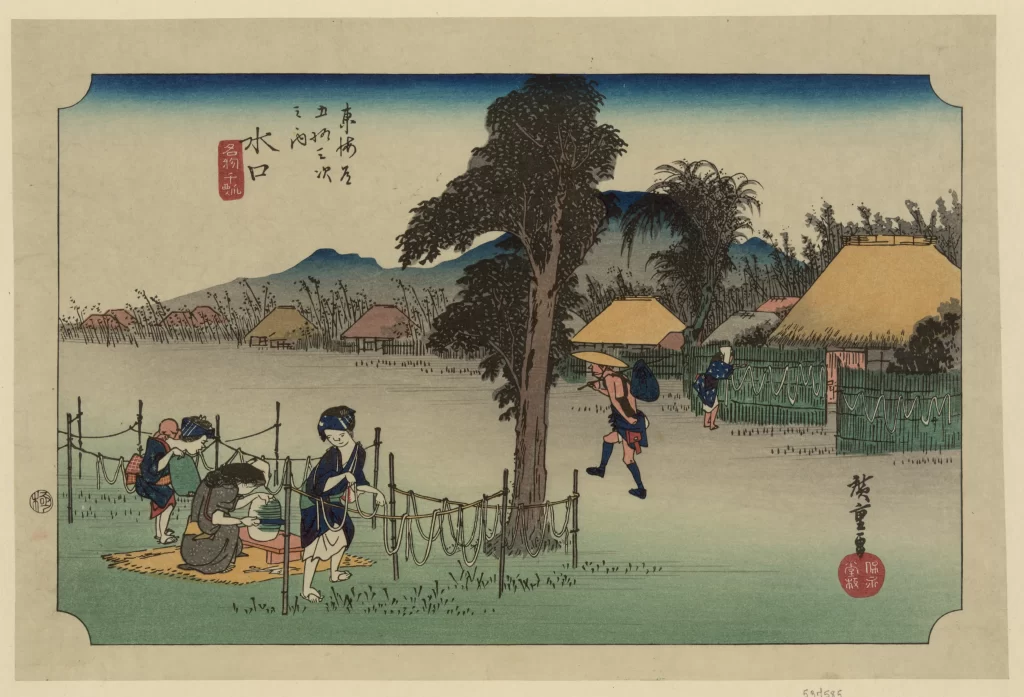 Traditional Japanese Landscape Serene Rural Scene Soft Pastel Colors Edo Period Art Cultural Depiction