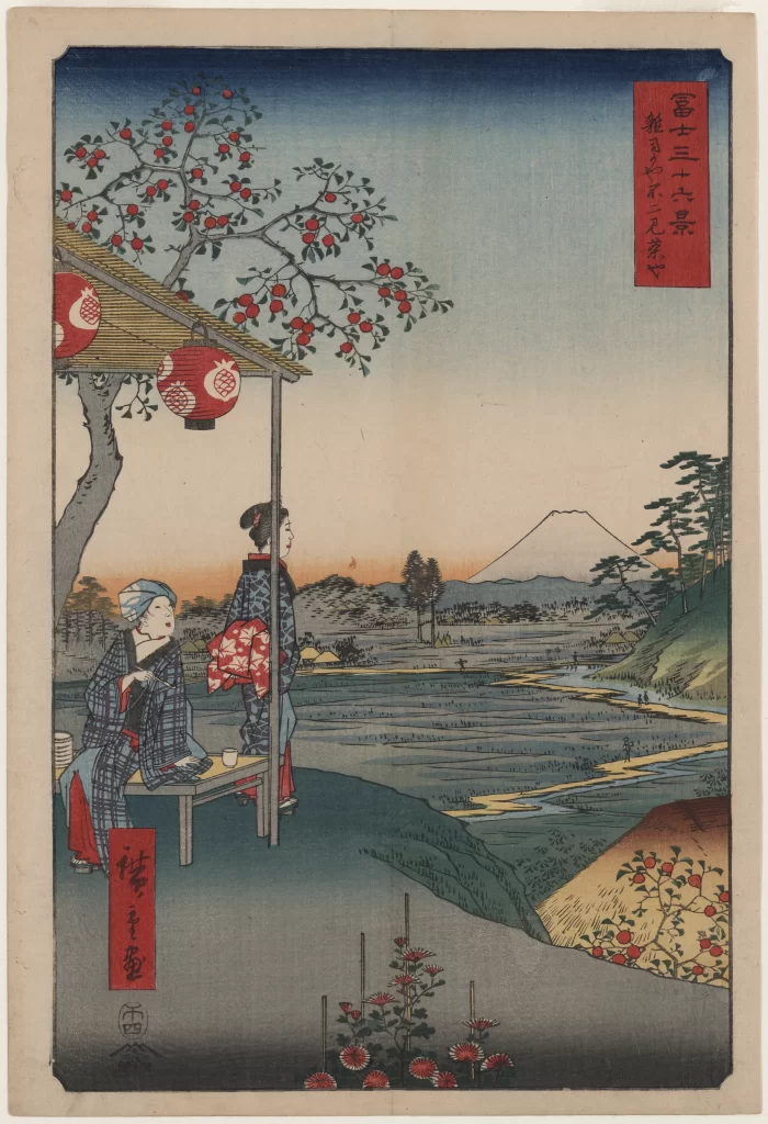 Traditional Japanese Landscape Serene Setting Mount Fuji Red Lanterns Edo Period Ukiyo-E Art