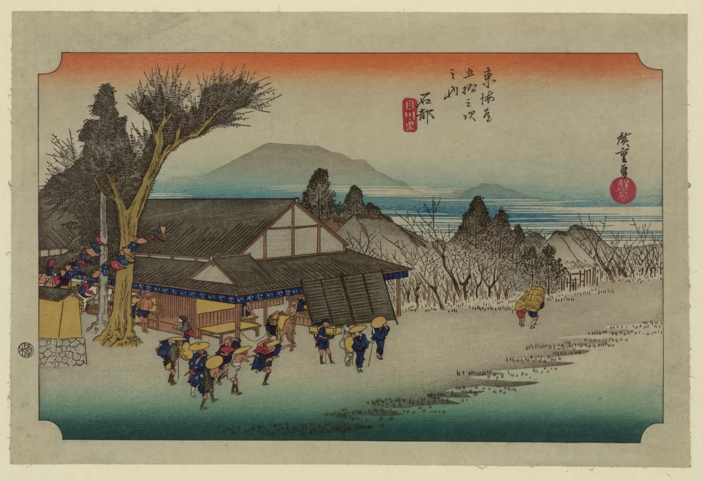 Traditional Japanese Landscape Serene Setting Natural Colors Historical Architecture Cultural Scene Artistic Style