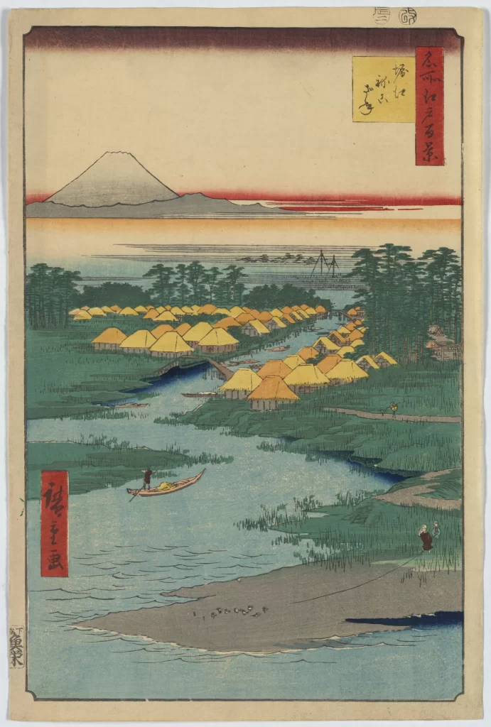 Traditional Japanese Landscape Serene Village Mount Fuji River Thatched Roofs Woodblock Print