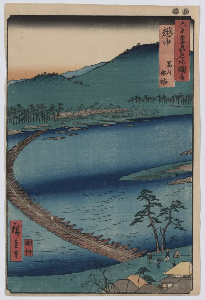 Traditional Japanese Landscape Serene Water Green Hills Wooden Bridge Soft Pastel Colors Ukiyo-e Style