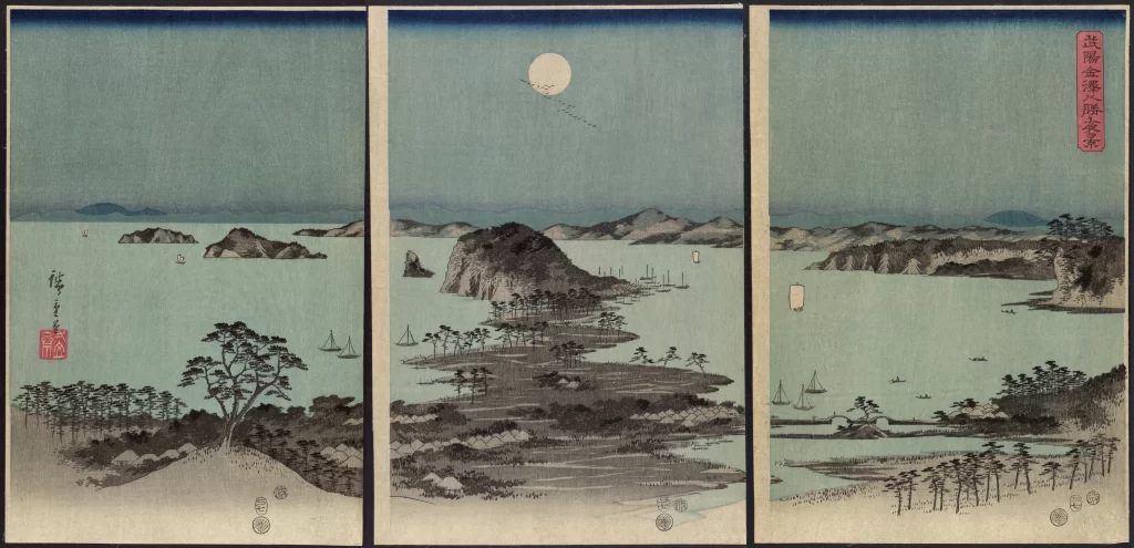 Traditional Japanese Landscape Serene Water Moonlit Night Ink Wash Painting Natural Scenery