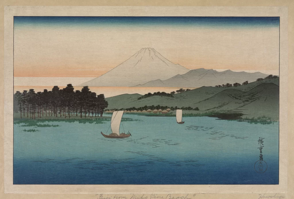 Traditional Japanese Landscape Serene Water Sailboats Mountain Pastel Colors Woodblock Print