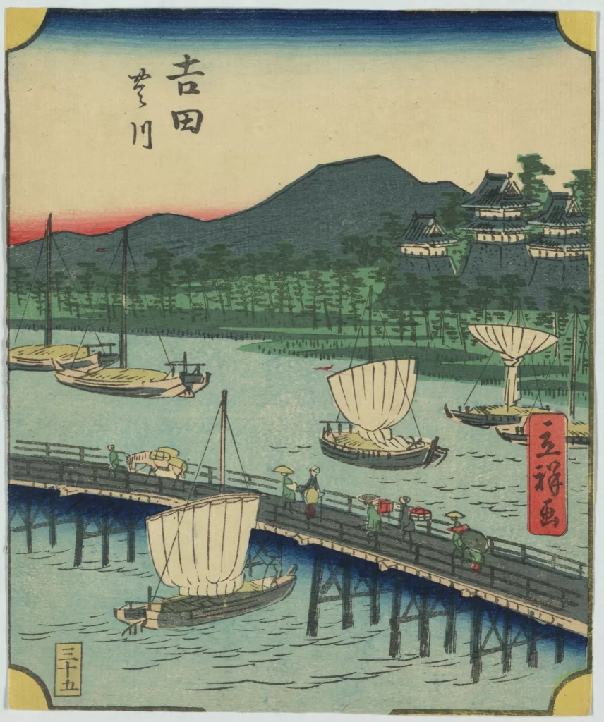 Traditional Japanese Landscape Serene Water Scene Boats Bridge Greenery Mountain Backdrop