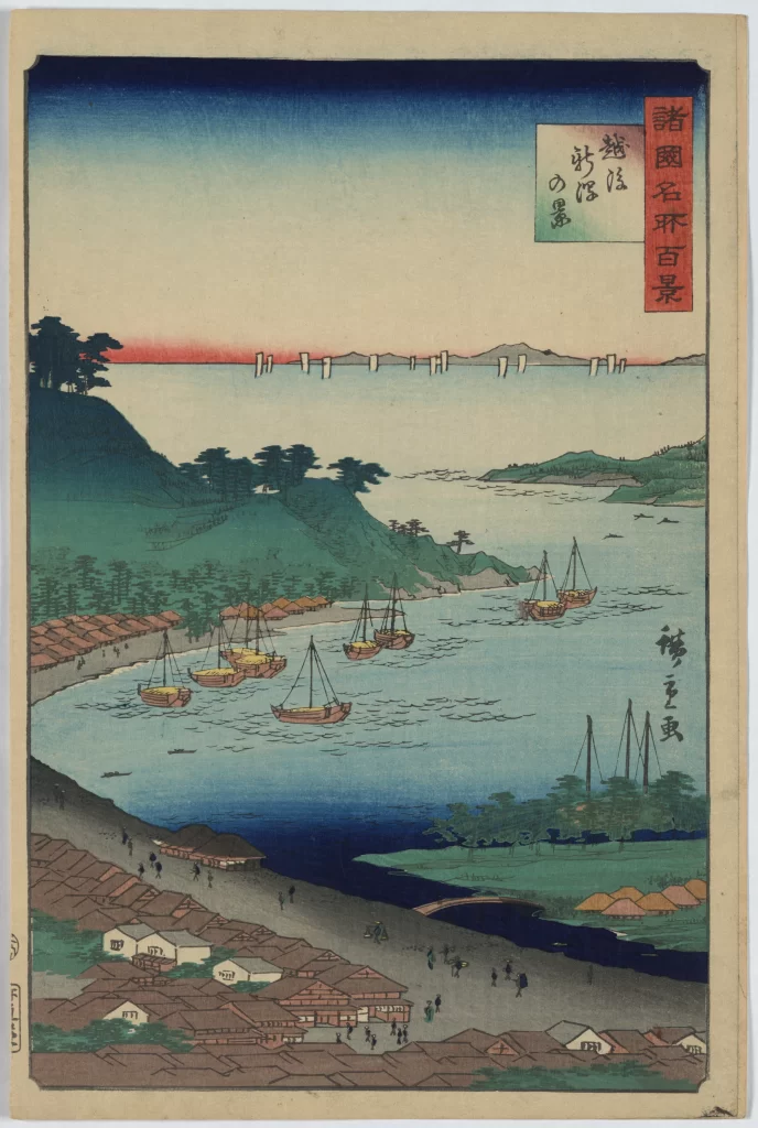Traditional Japanese Landscape Serene Water Scene Boats Greenery Soft Pastel Colors Ukiyo-E Style