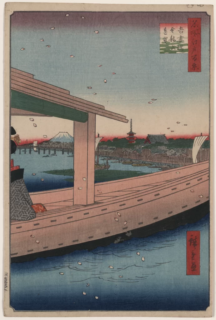 Traditional Japanese Landscape Serene Water Scene Cherry Blossoms Mount Fuji Ukiyo-E Art Style Pastel Colors