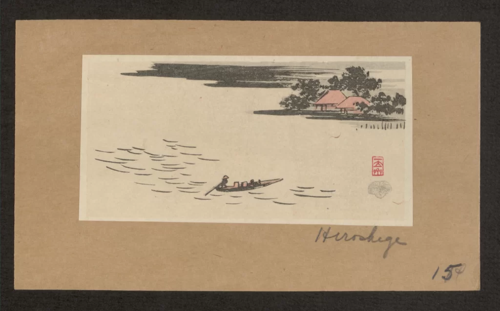 Traditional Japanese Landscape Serene Water Scene Minimalist Art Red And Black Ink Tranquil Setting Nature