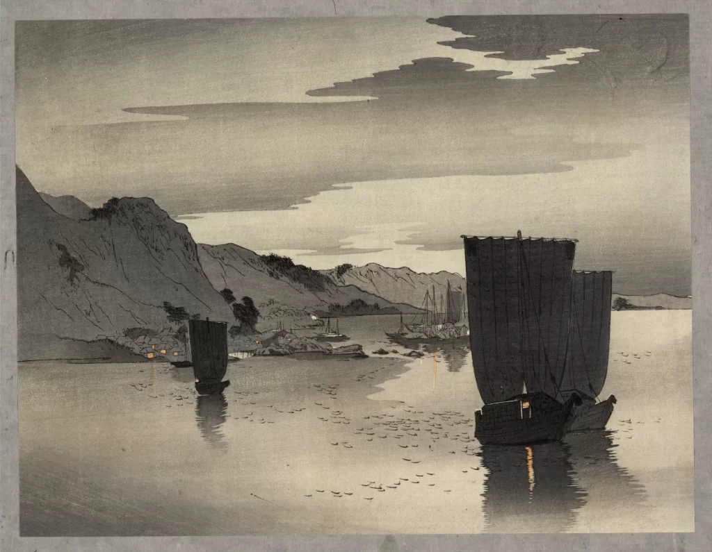 Traditional Japanese Landscape Serene Water Scene Sailboats Mountainous Backdrop Monochromatic Tones Minimalist Style