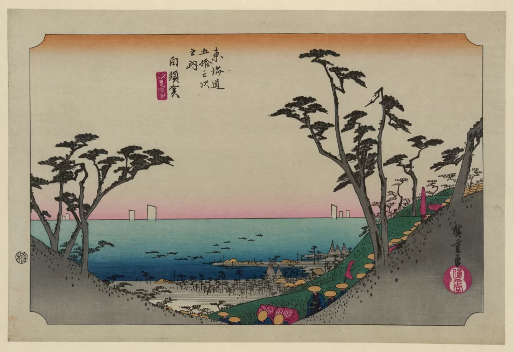 Traditional Japanese Landscape Serene Water Trees Soft Colors Ukiyo-e Style