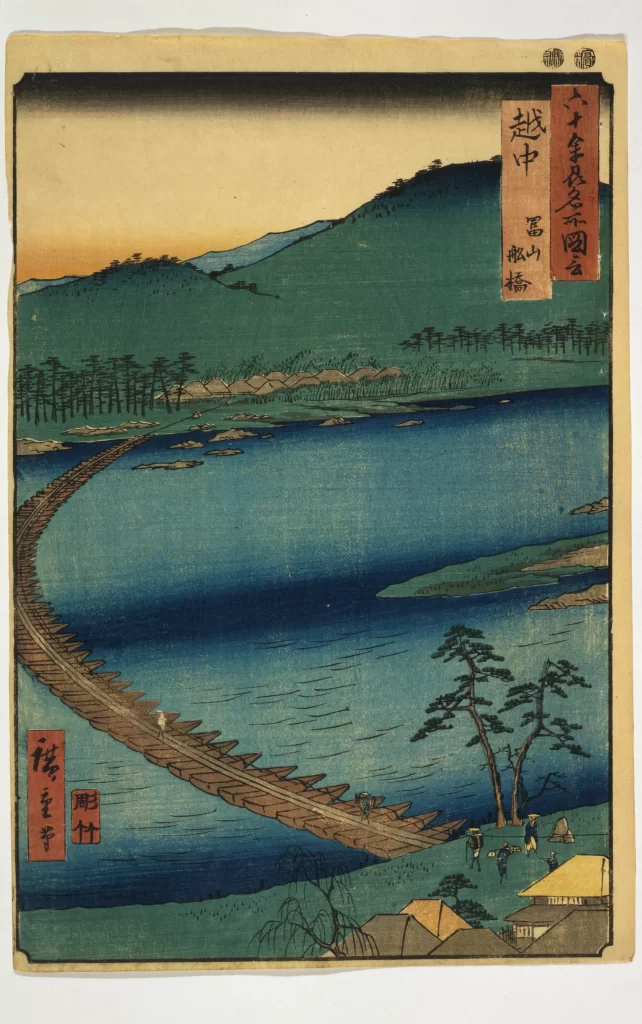 Traditional Japanese Landscape Serene Water Wooden Bridge Green Hills Cultural Artistry Tranquil Scene