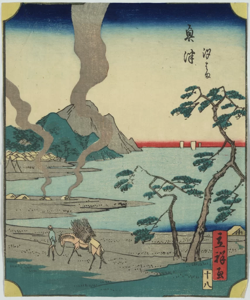 Traditional Japanese Landscape Serene Waterscape Blue And Green Hues Ukiyo-E Style Nature And Human Interaction