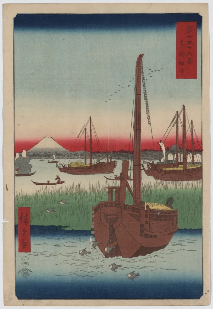 Traditional Japanese Landscape Serene Waterscape Boats Mount Fuji Red And Blue Hues Ukiyo-E Style