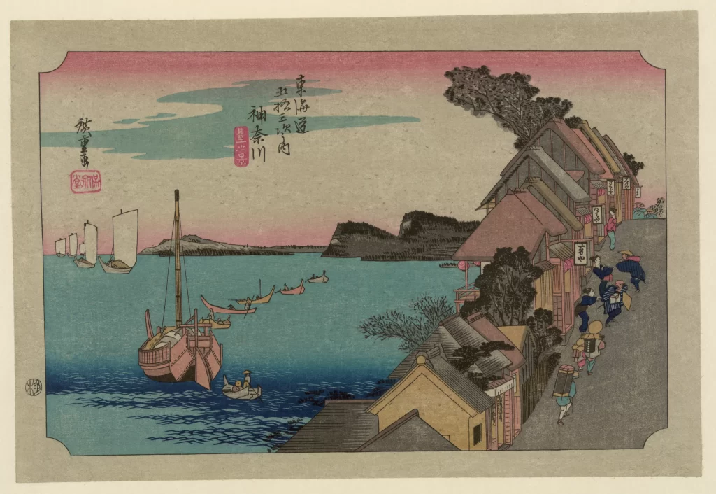 Traditional Japanese Landscape Serene Waterscape Colorful Sky Wooden Architecture Boats Cultural Scene
