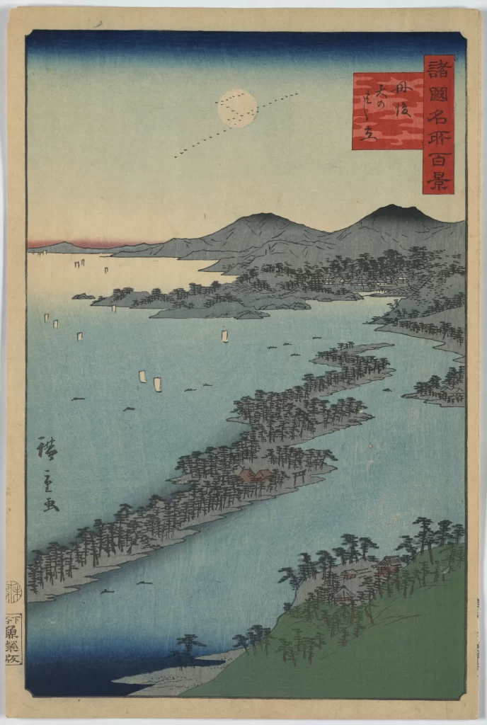 Traditional Japanese Landscape Serene Waterscape Moonlit Night Ink Wash Painting Tranquil Scenery