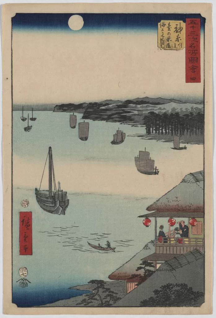 Traditional Japanese Landscape Serene Waterscape Moonlit Night Wooden Boats Thatched Roof Red Lanterns