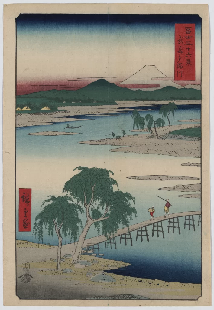 Traditional Japanese Landscape Serene Waterscape Mount Fuji Willow Trees Edo Period Art