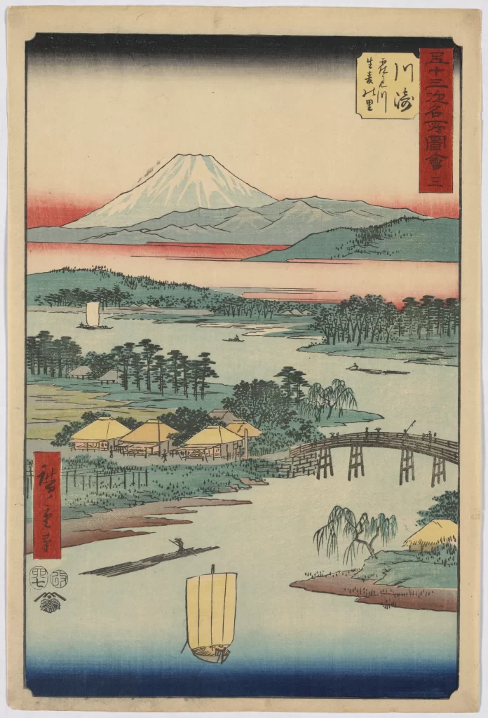 Traditional Japanese Landscape Serene Waterscape Mount Fuji Wooden Bridge Boats Pastel Colors