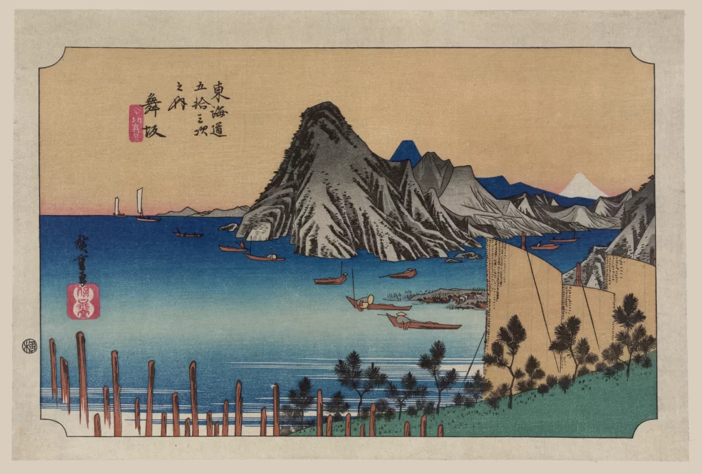 Traditional Japanese Landscape Serene Waterscape Mountainous Backdrop Boats Soft Pastel Colors Woodblock Print Style