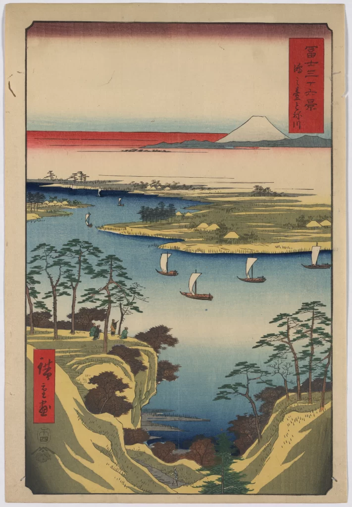 Traditional Japanese Landscape Serene Waterscape Sailboats Mount Fuji Ukiyo-E Woodblock Print Vibrant Colors Natural Scenery