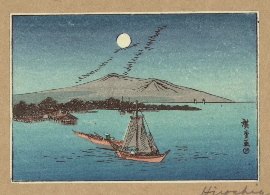 Traditional Japanese Landscape Serene Waterscape Sailboats Mountain Moon Birds Blue Hues