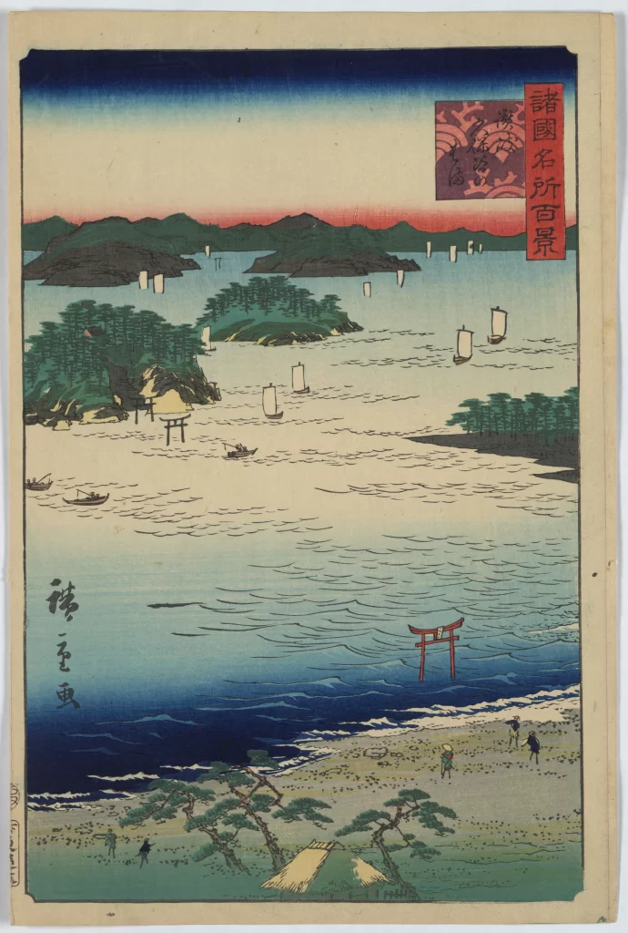 Traditional Japanese Landscape Serene Waterscape Sailboats Torii Gate Vibrant Colors Ukiyo-E Style