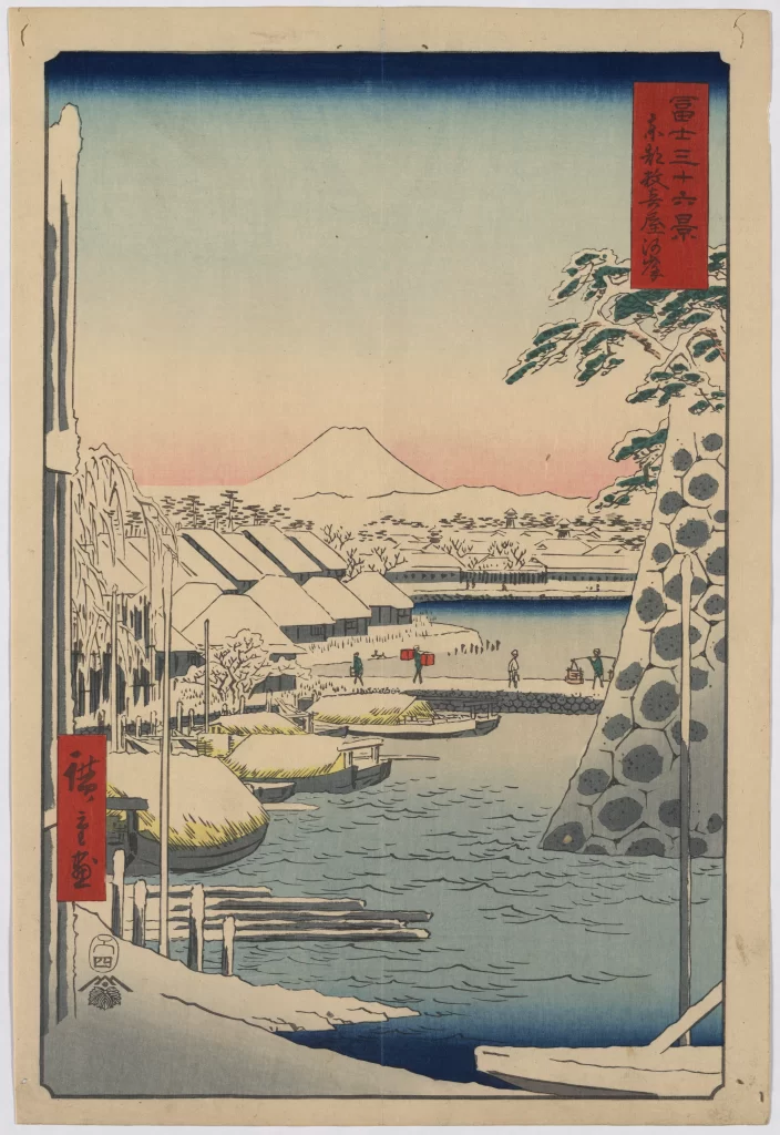 Traditional Japanese Landscape Serene Waterscape Snow-Covered Village Mount Fuji Ukiyo-E Art Style Pastel Colors