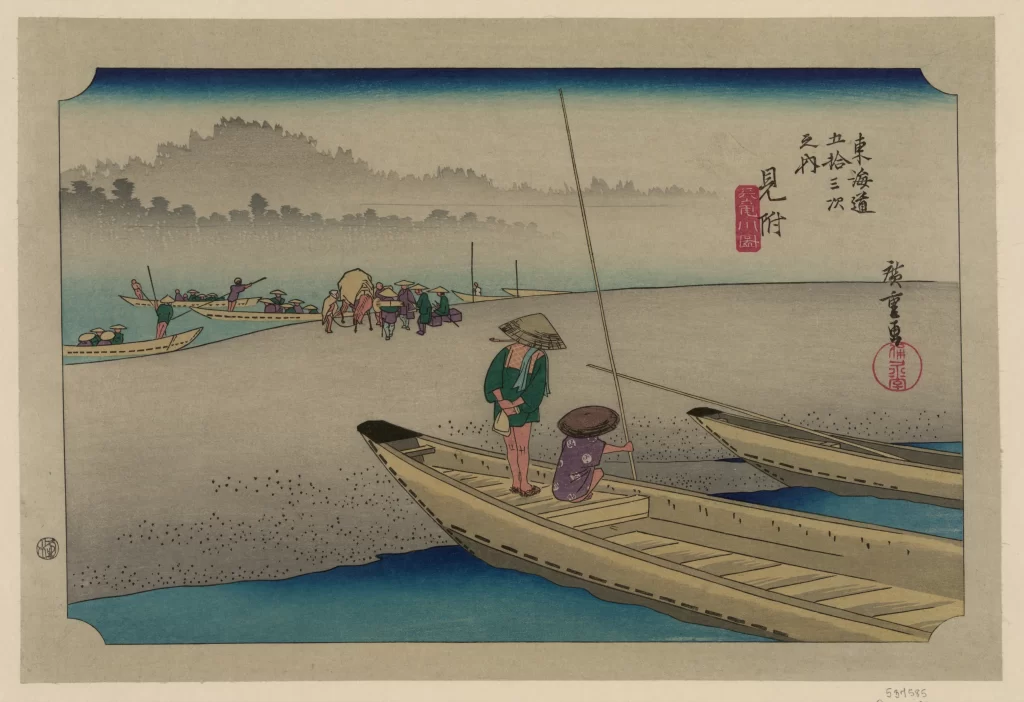 Traditional Japanese Landscape Serene Waterscape Wooden Boats Soft Pastel Colors Cultural Scene