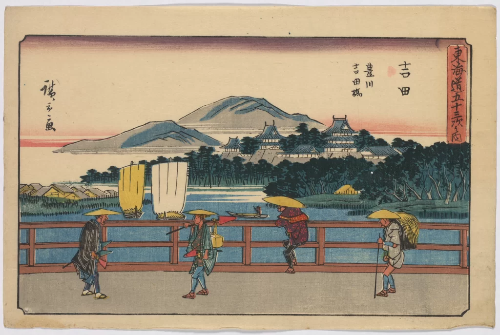 Traditional Japanese Landscape Serene Waterside Travelers Colorful Attire Historical Architecture Natural Scenery